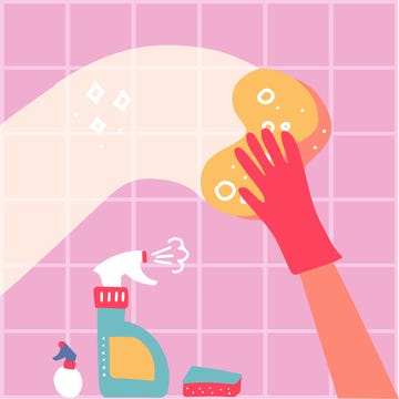 cleaning service conpept one hand in red rubber glove with spray and sponge wash pink wall tiles vector flat hand drawn illustration