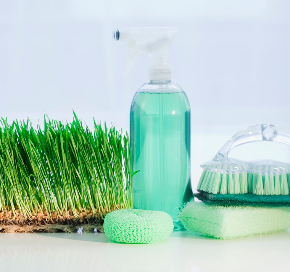 cleaning supplies beside grass