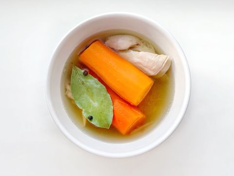 Clear broth with chicken and carrots.