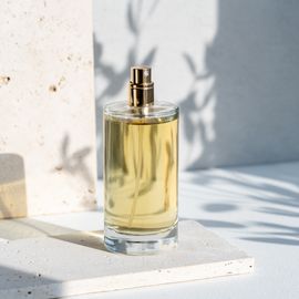 a clear glass bottle with perfume is elegantly displayed on a white table, catching the soft glow of natural sunlight.