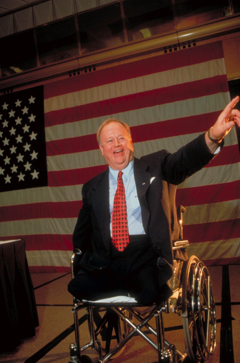 vietnam war veteran triple amputee max cleland pointing as he delivers speech in wheelchair during dem senatorial campaign appearance    photo by thomas s englandgetty images