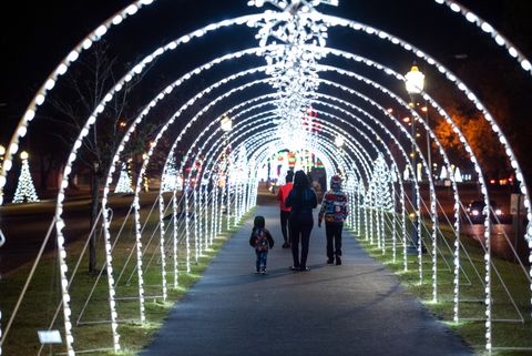 family walking through tunnel of white lights with trees lit by white lights on either side
