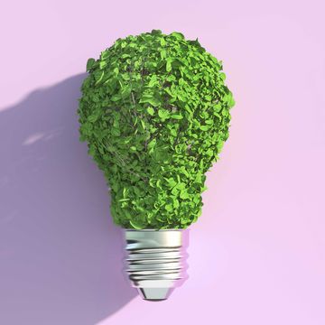 digital generated image of bulb lamp made out of green leaves on pink background