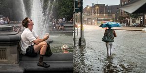 Water, Fountain, Rain, Umbrella, Snapshot, Human, Street, Water feature, Street fashion, Fun, 