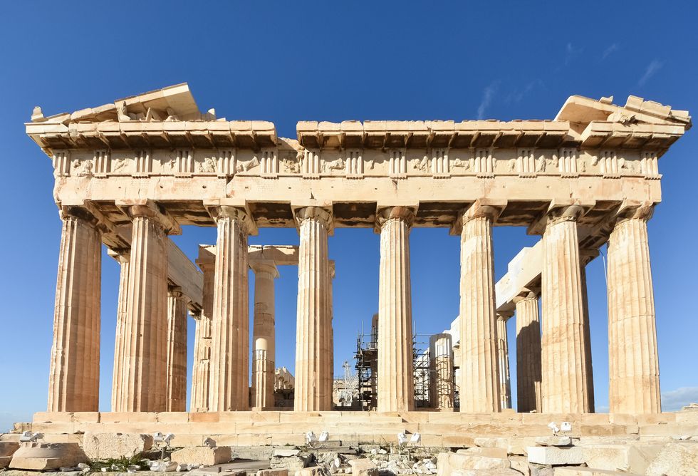Close-up, front view of the Parthenon in the Acropolis, Athens, Greece, a UNESCO heritage site