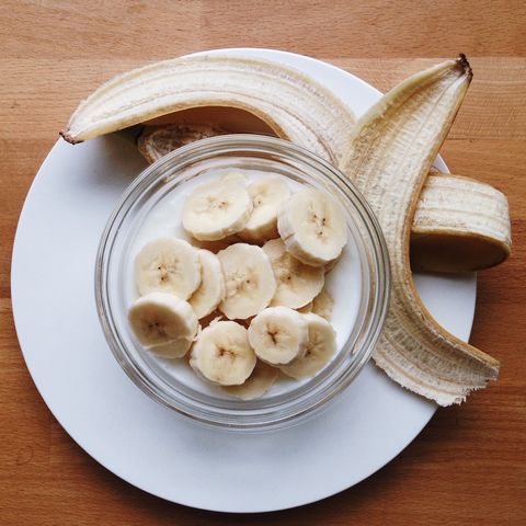 close  up high angle view of banana slices in bowl