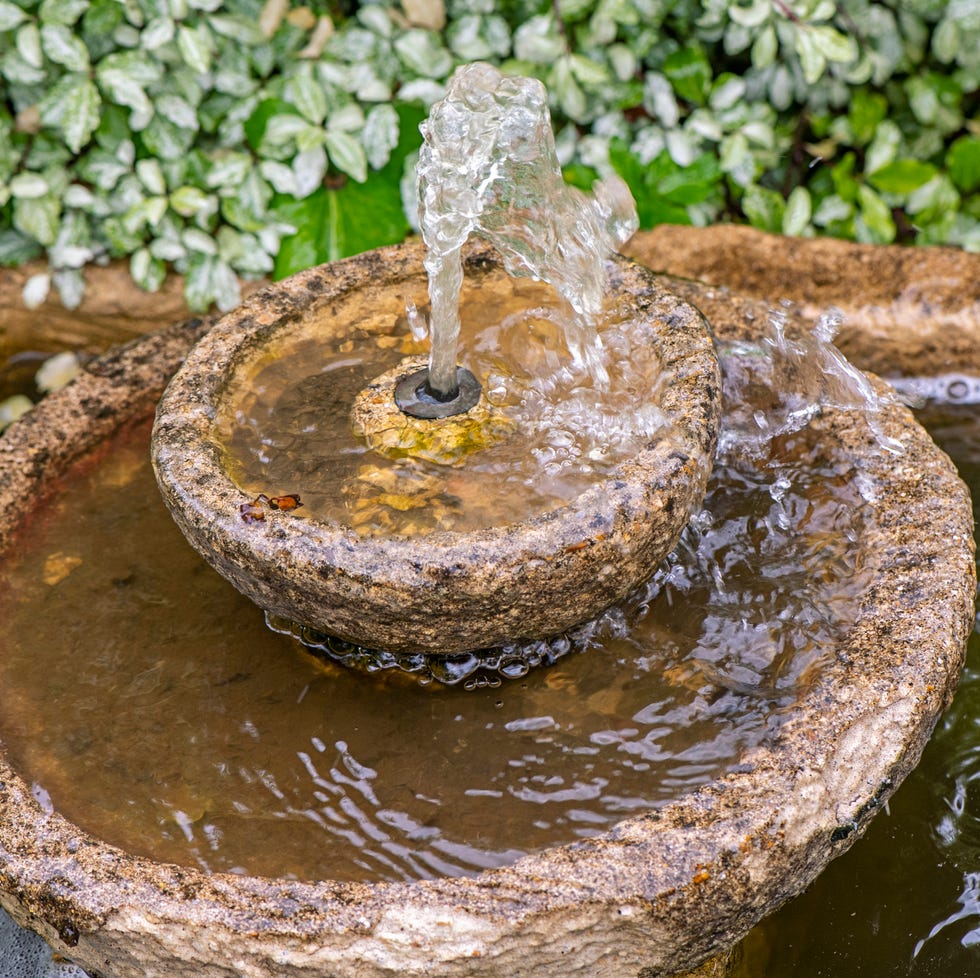 Close-up image of a stone water feature with bubble fountain close up image of a stone water feature with bubble fountain