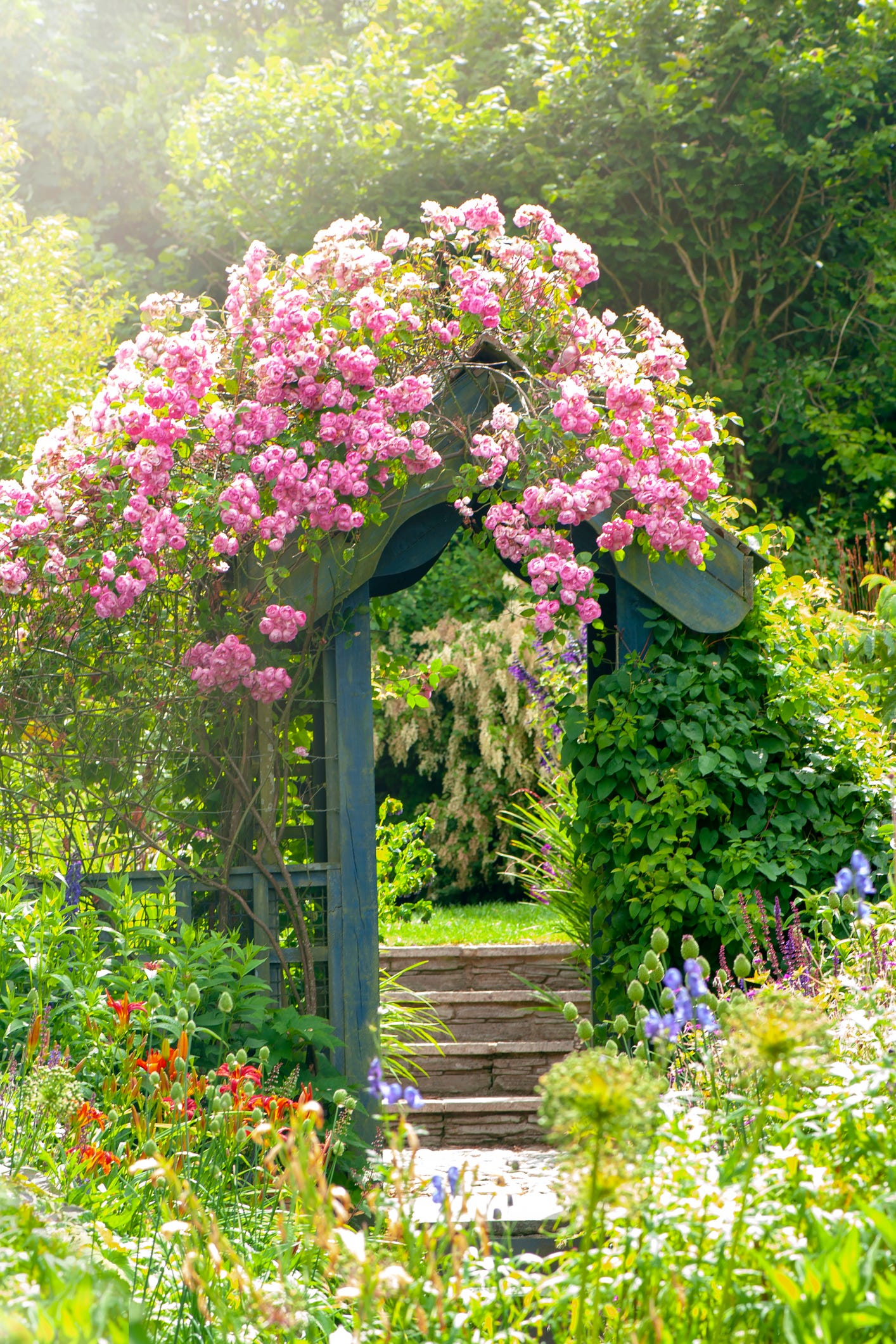 arco en el jardín con flores
