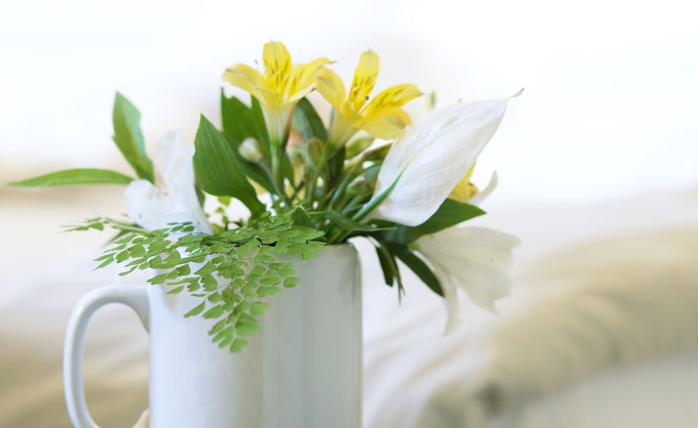 Close up of a white mug with a simple flower arrangement. Still life.