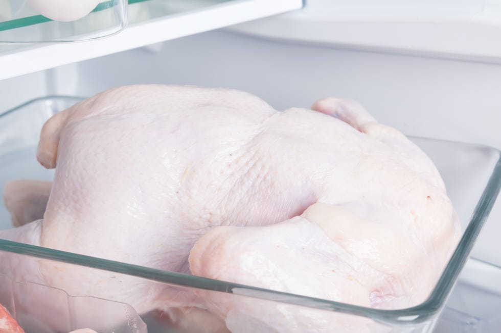 close up of a whole chicken, against the background of a white refrigerator, in a glass substrate