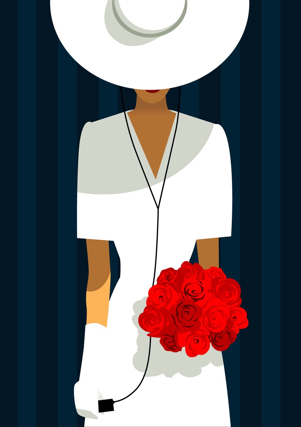 close up of a woman holding a bunch of roses and listening to an mp3 player