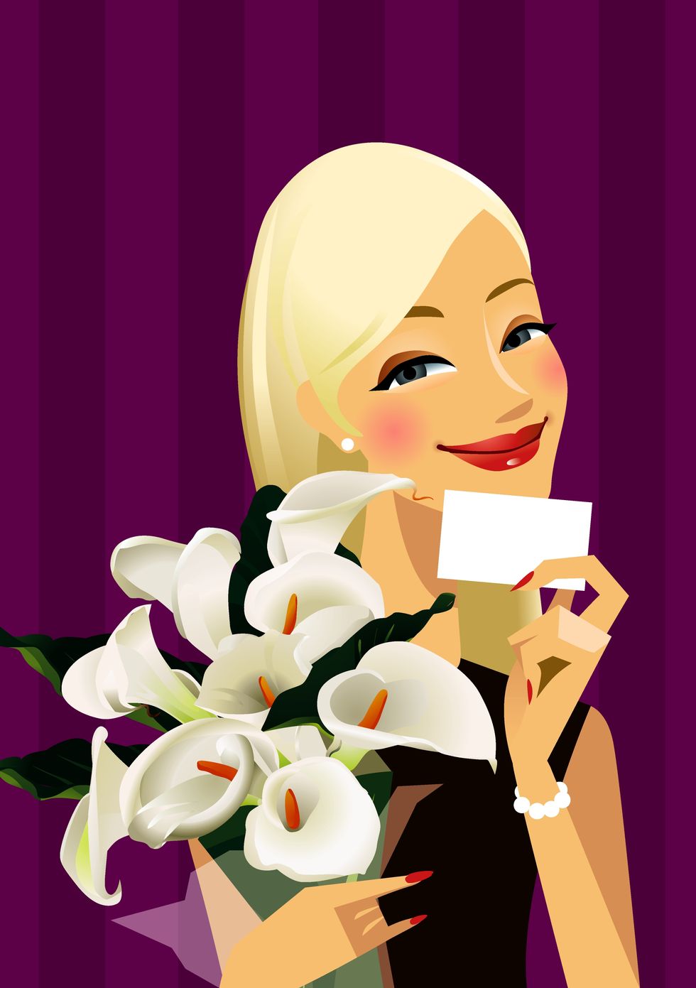 close up of a woman holding a card with a bouquet of flowers