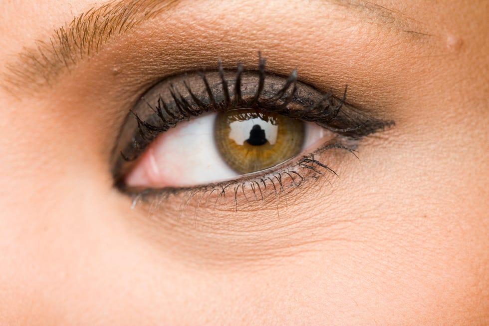 close up of a woman's eye with eyeliner and clumpy mascara