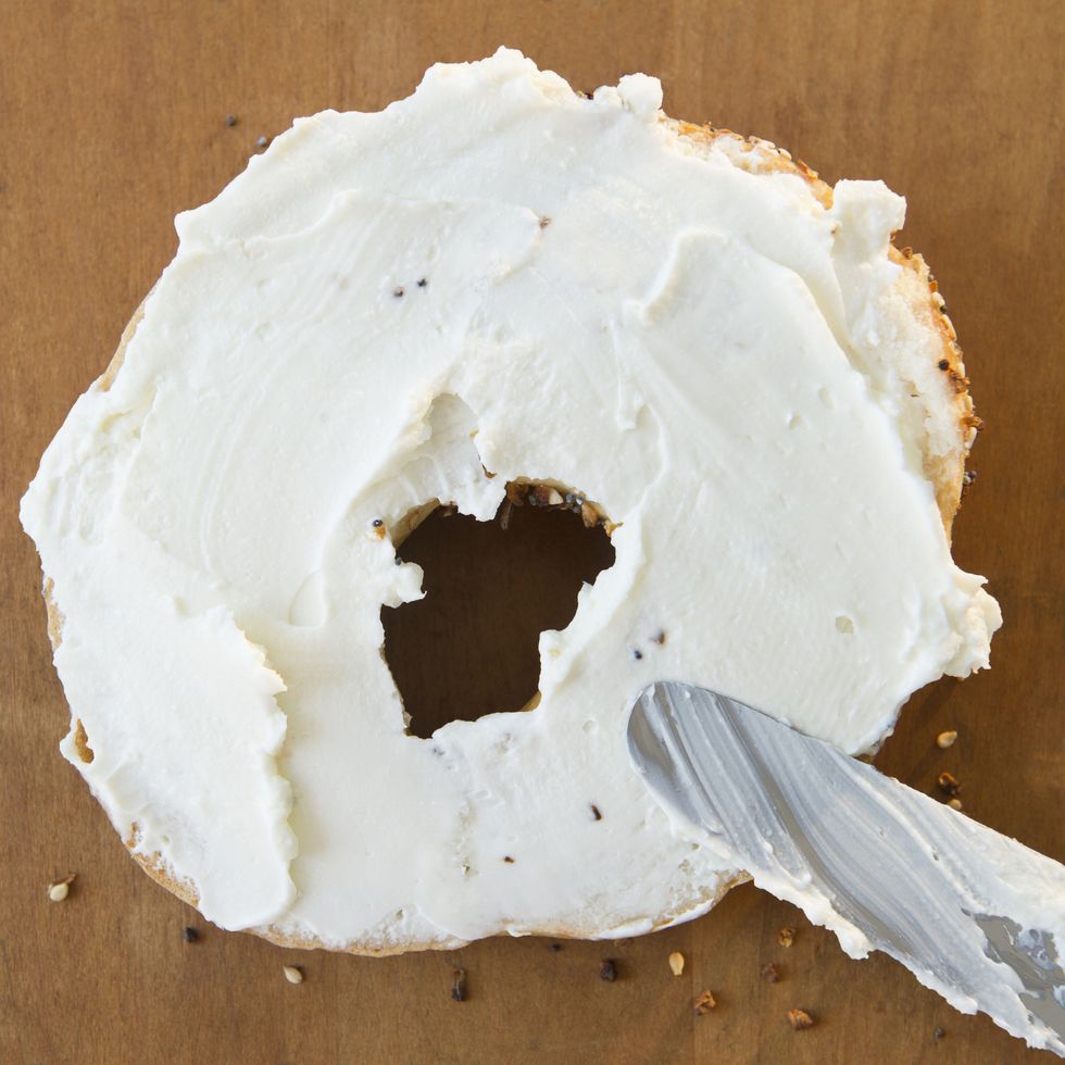 close up of bagel with cream cheese
