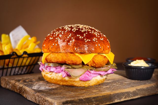 close up of burger on serving board