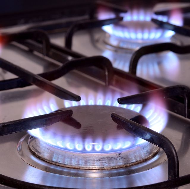 close up of burning gas stove
