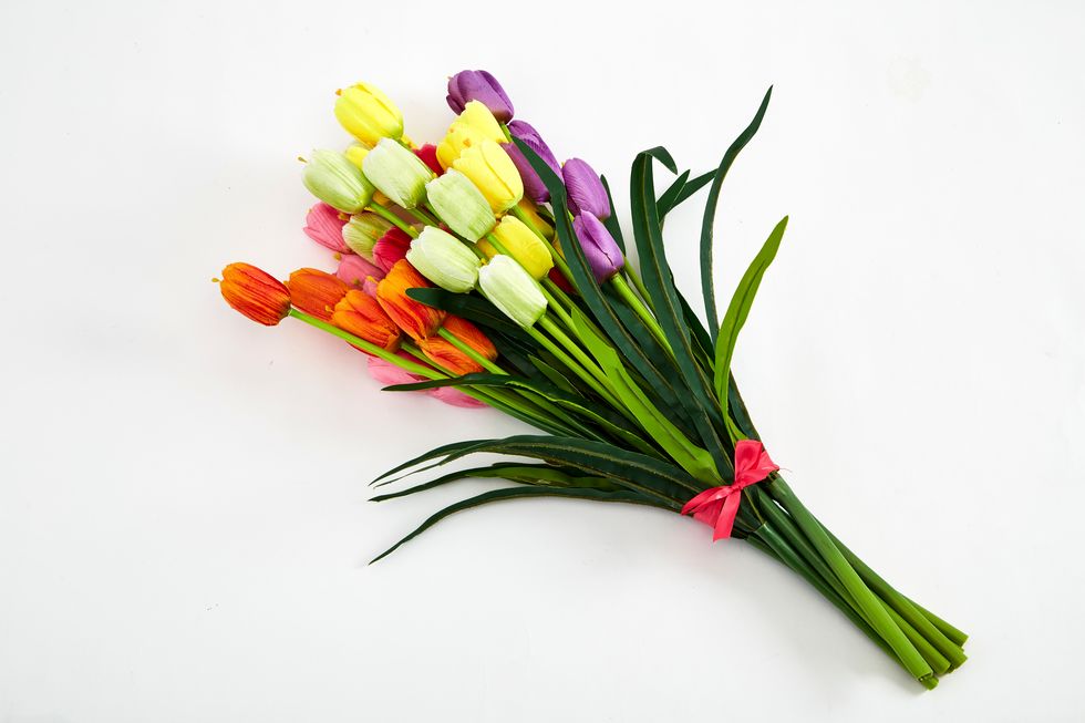 Close-Up Of Colorful Tulip Bouquet Against White Background