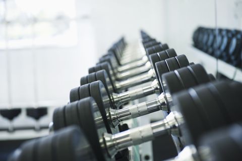 Close up of dumbbells in health club