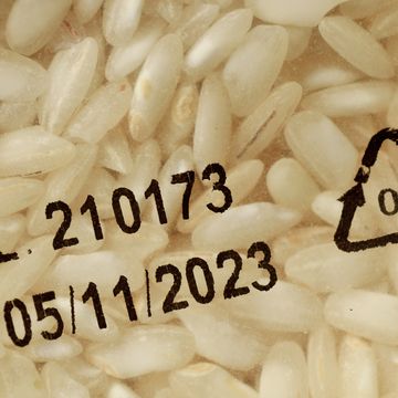 close up of expiration date on white rice packaging