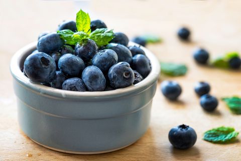 close up of fresh blueberries in bowl on table
