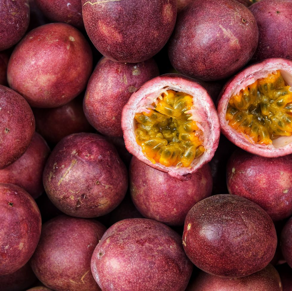close up of fresh purple passion fruits