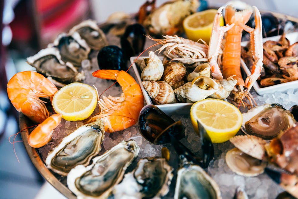 close up of fresh seafood on ice plate