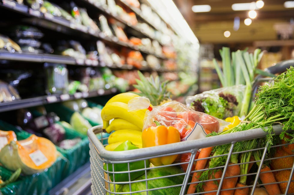 Close up of full shopping cart in grocery store