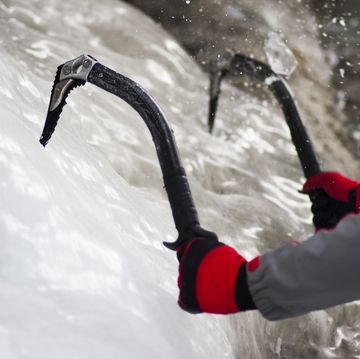 close up of ice axes on ice