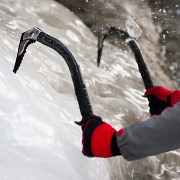 close up of ice axes on ice