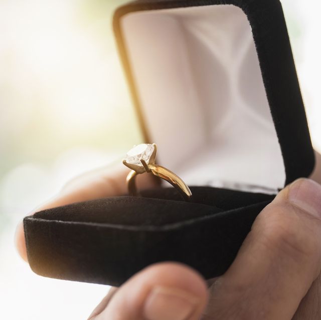 close up of mans hand holding open box with engagement ring