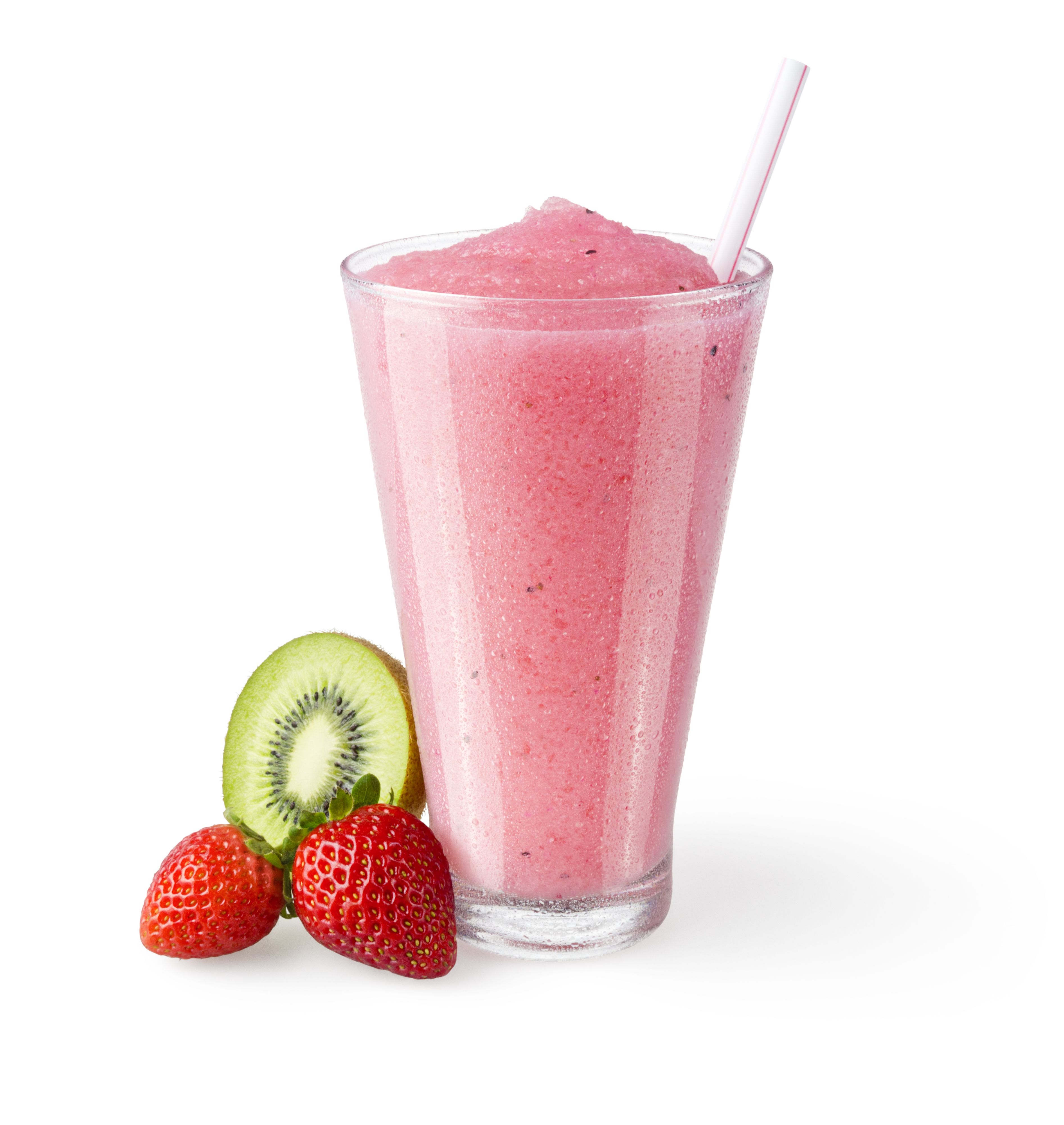 Close-Up Of Pink Smoothie In Drink Against White Background