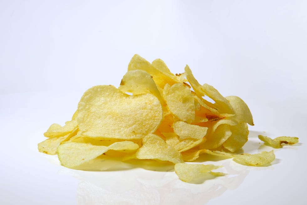 close up of potato chips against white background