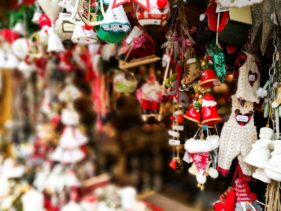 close up of retail display at christmas market with handmade christmas decorations