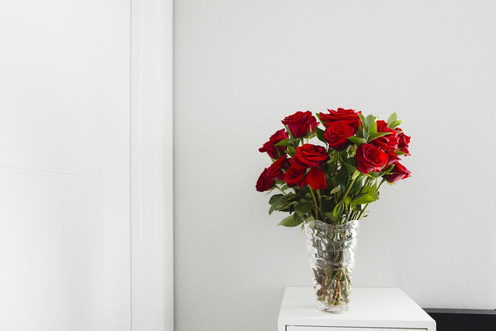 close up of roses in vase on table by wall at home