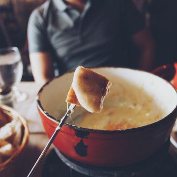 close up of swiss cheese fondue