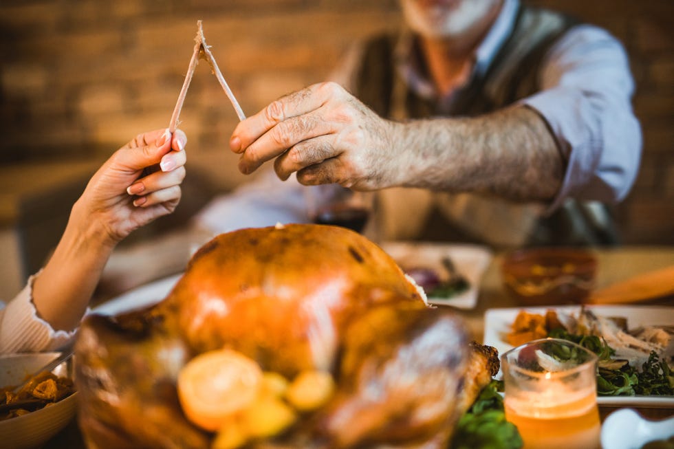 close up of unrecognizable people pulling wishbone on thanksgiving dinner