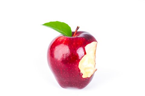close up of wet apple against white background