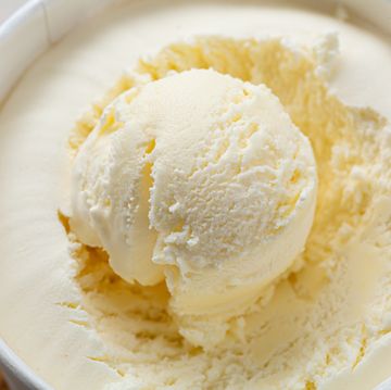 close up of white ice cream scoops inpaper box,ukraine