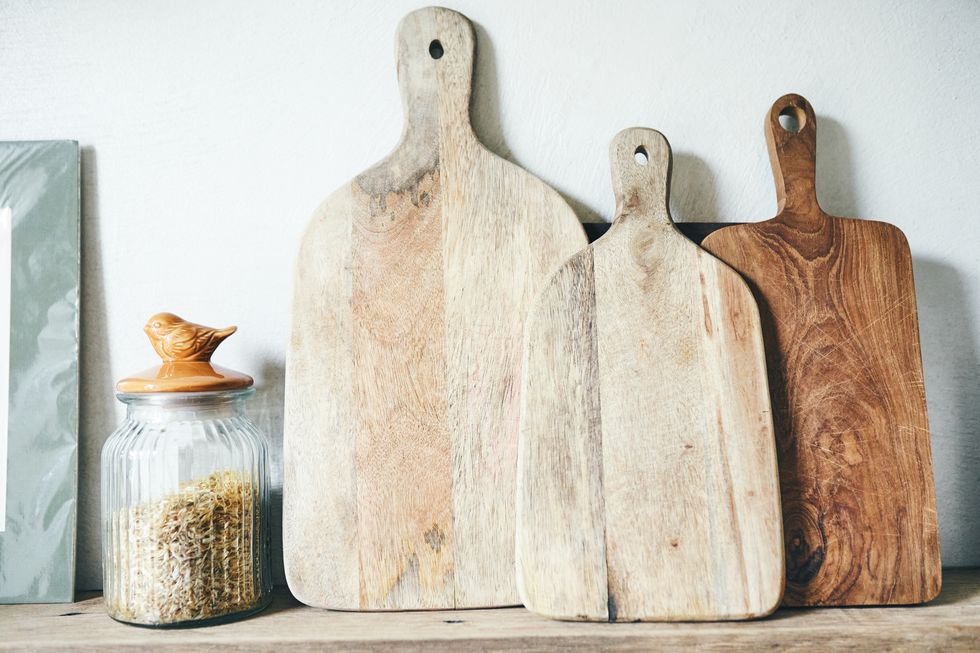 close up of worn wooden cutting boards