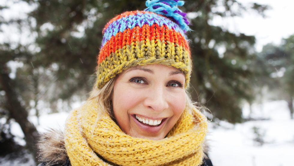 Close up portrait of woman in wooly hat and scarf in winter