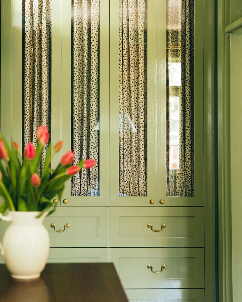 fabric lined green glass doors