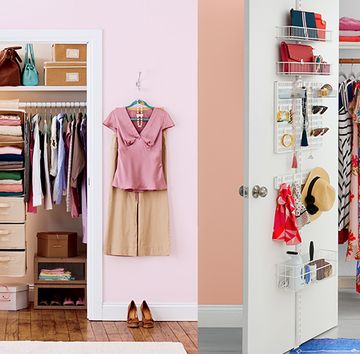 closet organization ideas, open closet with a over the door shoe rack, closet with clothes and a rolling cart full of shoes