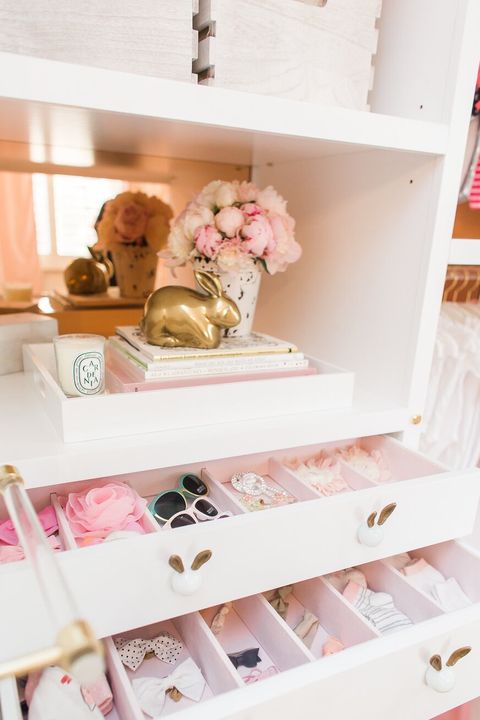 closet organization ideas, sunglasses, socks and hair barrettes in white drawer
