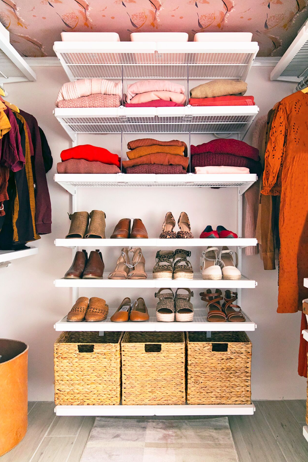 closet organization ideas, baskets on the bottom shelves with shoes and folded clothes above