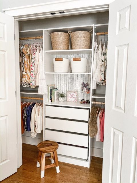 closet organization ideas, white closet with drawers and shelves with baskets
