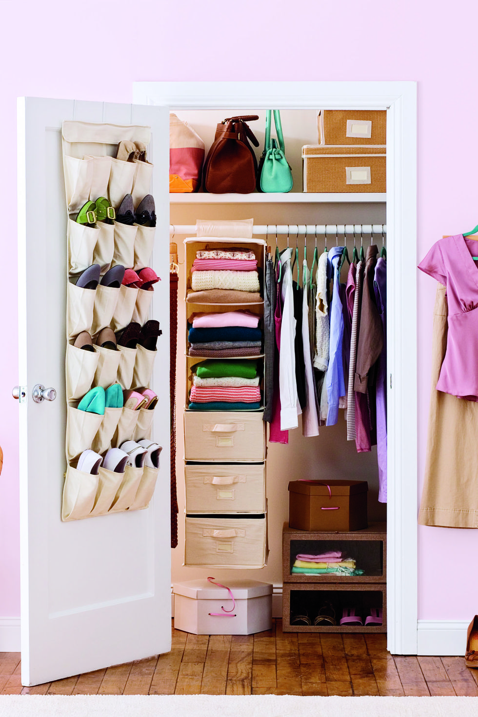 Ideas for organizing closets, organizers for hanging shoes over the door, clothes in the closet