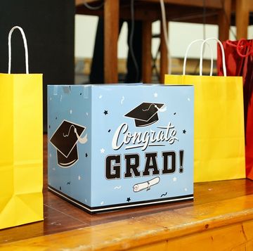 closeup shot of colorful graduation gift bags