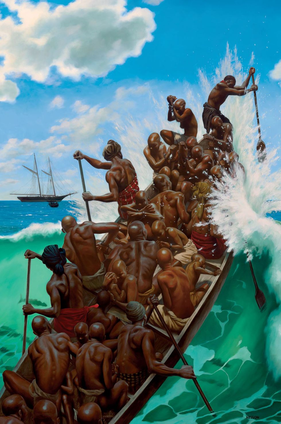 Afrikaanse gevangenen worden per boot vervoerd naar het slavenschip Clotilda in 1860 vanuit een slavenbolwerk in het huidige Benin