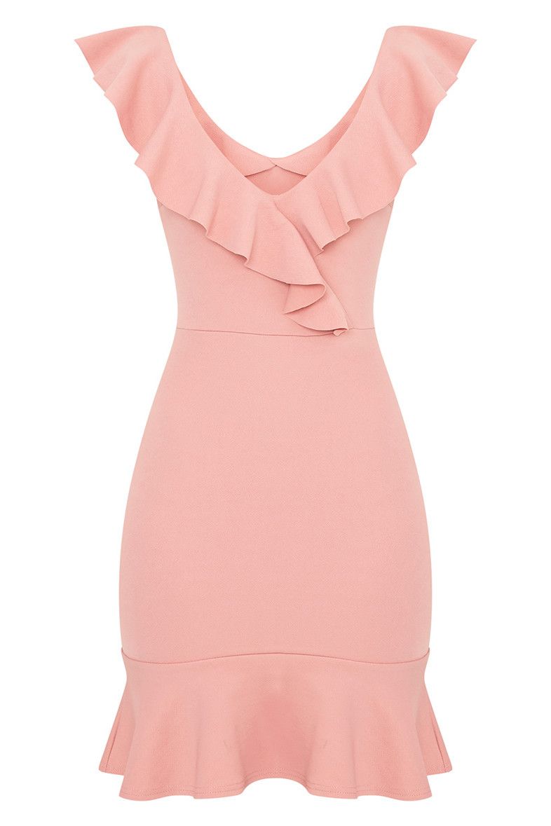 Clothing, Pink, Dress, Cocktail dress, Day dress, Peach, Ruffle, Neck, Sleeve, Fashion accessory, 