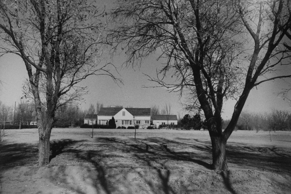 a large home sits on a plot of land, two trees without many leaves are in the foreground